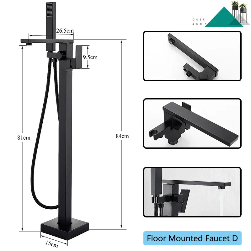 DecorBites™ Matte Black Waterfall Bathtub Shower Faucet, Floor Standing Hot Cold Mixer Tap