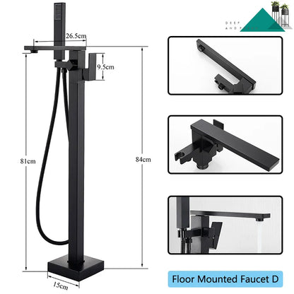 DecorBites™ Matte Black Waterfall Bathtub Shower Faucet, Floor Standing Hot Cold Mixer Tap