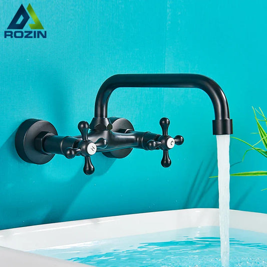 DecorBites™ Antique Brass Basin Faucet Wall Mounted Dual Handles Swivel Spout Mixer Tap