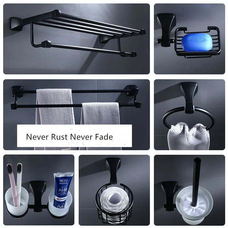 مجموعة أدوات الحمام المصنوعة من الألومنيوم الأسود من DecorBites™: حامل مناشف، حامل ورق، رف زاوية، رف مناشف، حامل فرشاة المرحاض