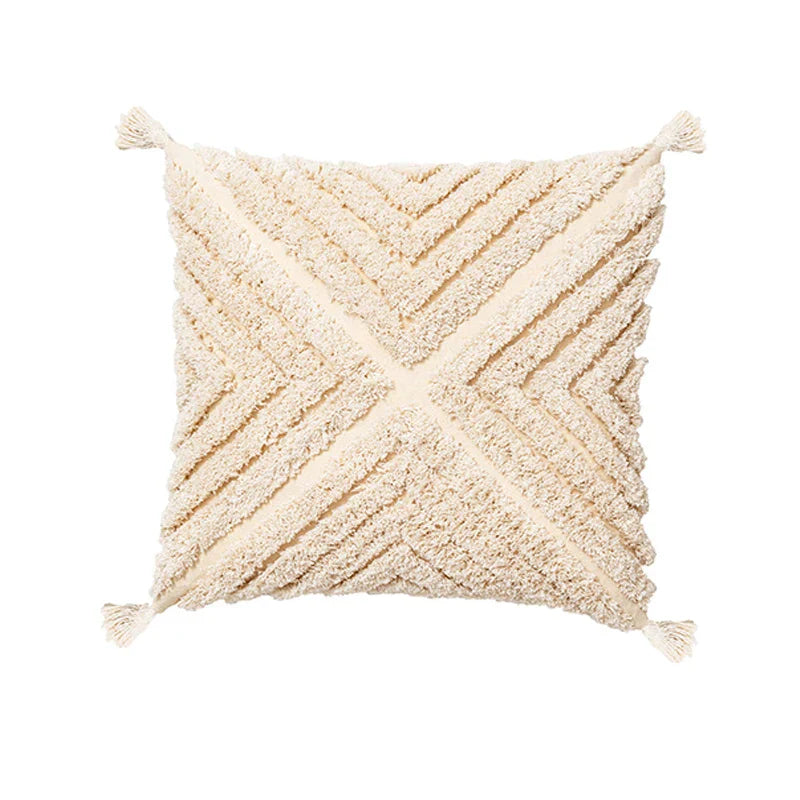 Funda de cojín DecorBites™ con borlas color beige, decoración cuadrada hecha a mano para el hogar, ideal para la sala de estar.