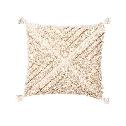 Funda de cojín DecorBites™ con borlas color beige, decoración cuadrada hecha a mano para el hogar, ideal para la sala de estar.