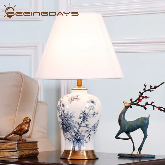 DecorBites™ Blue White Porcelain Table Lamp: Classical Luxury Vintage Bedside Light