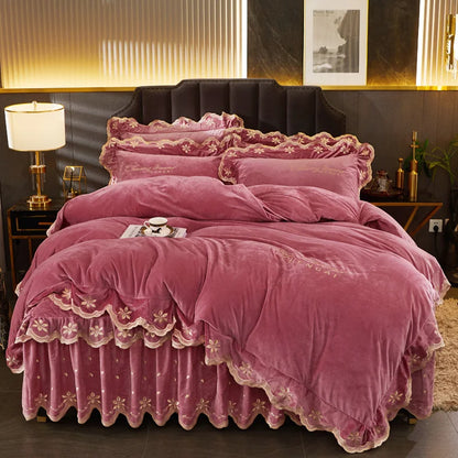 Decobites Velvet Bedding Set with Gold Embroidery & Ruffles