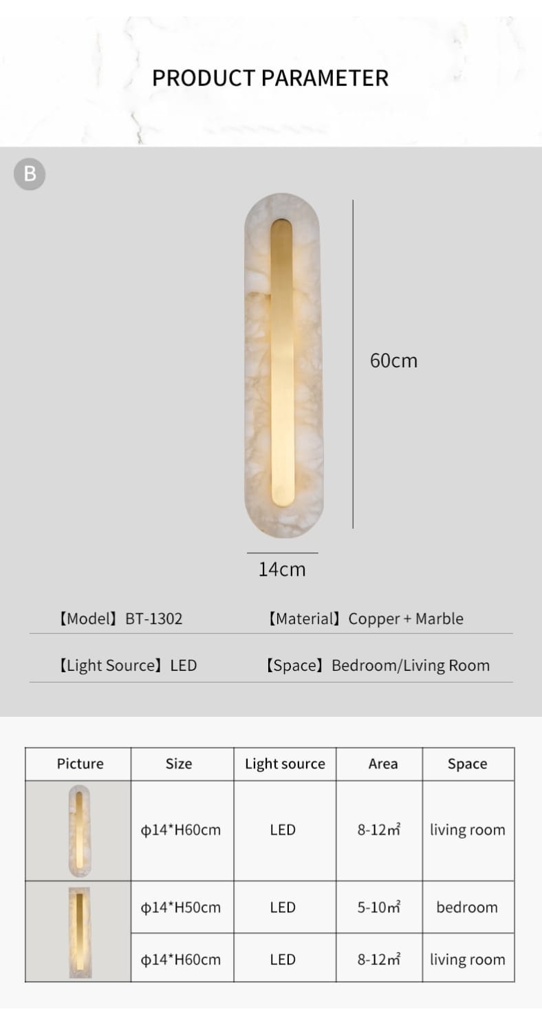 A sleek postmodern wall lamp featuring a polished copper marble wall design with a marble casing for living room use.