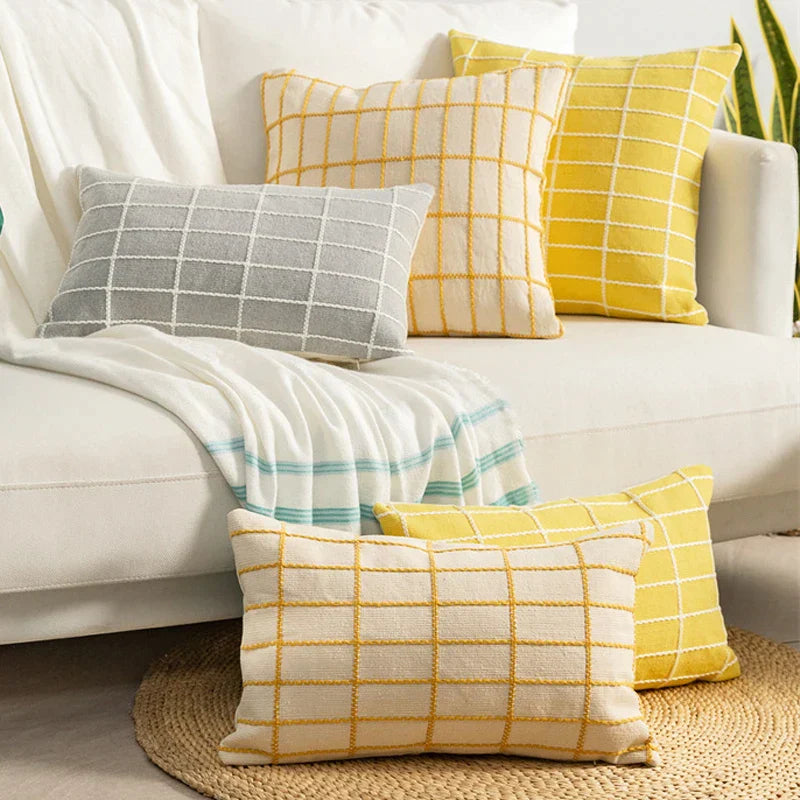 DecorBites™ Cotton Woven Check Yellow Grey Ivory Cushion Cover for Home Living Room