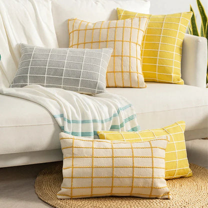 DecorBites™ Cotton Woven Check Yellow Grey Ivory Cushion Cover for Home Living Room