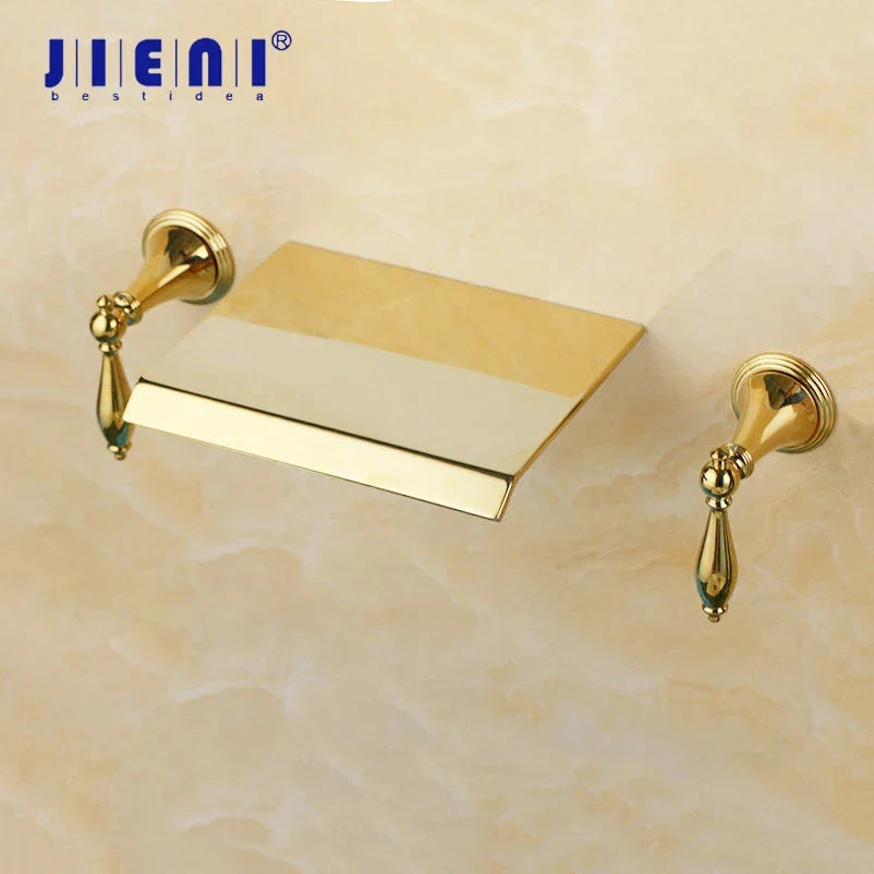 DecorBites™ Golden Plated 2-Handle Bathroom Faucet Wall Mount Waterfall Basin Mixer