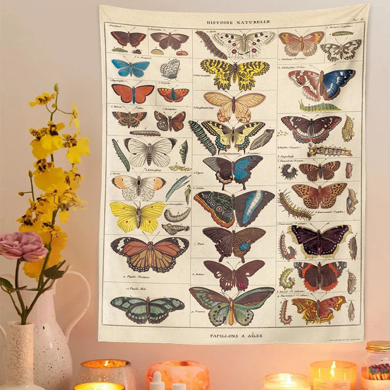 Butterfly Chart Tapestry by Decobites - Vintage & Colorful Wall Hanging