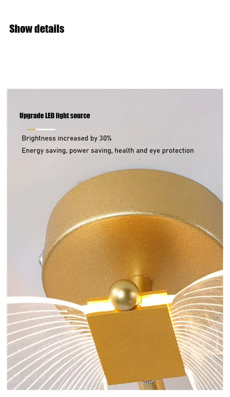 Modern nordic gold led butterfly wall lamp featuring a gold-finished ceiling light with a modern wing-like design, translucent glass panels, and an led bulb ideal for bedroom use.