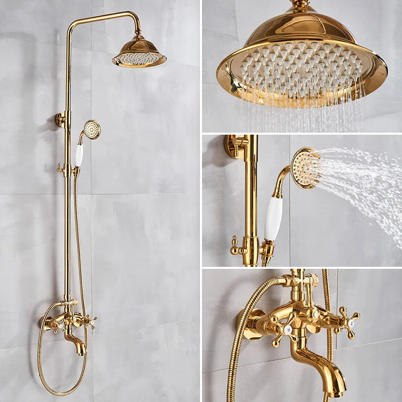 DecorBites™ Gold Shower Faucet Set with 8" Rainfall Shower Head and Hand Shower