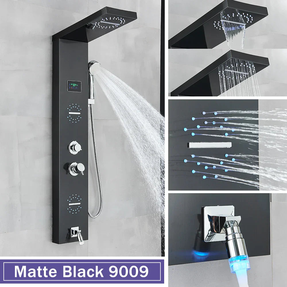 DecorBites™ LCD Black LED Rainfall Shower Panel with 5 Massage Jets Wall Mount