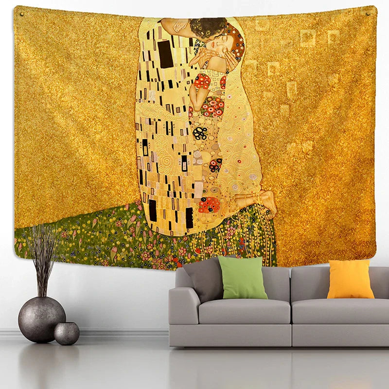 Decorbites™ Tapiz de Pintura al Óleo de Beso Dorado Colgante de Pared Arte Manta en Blanco
