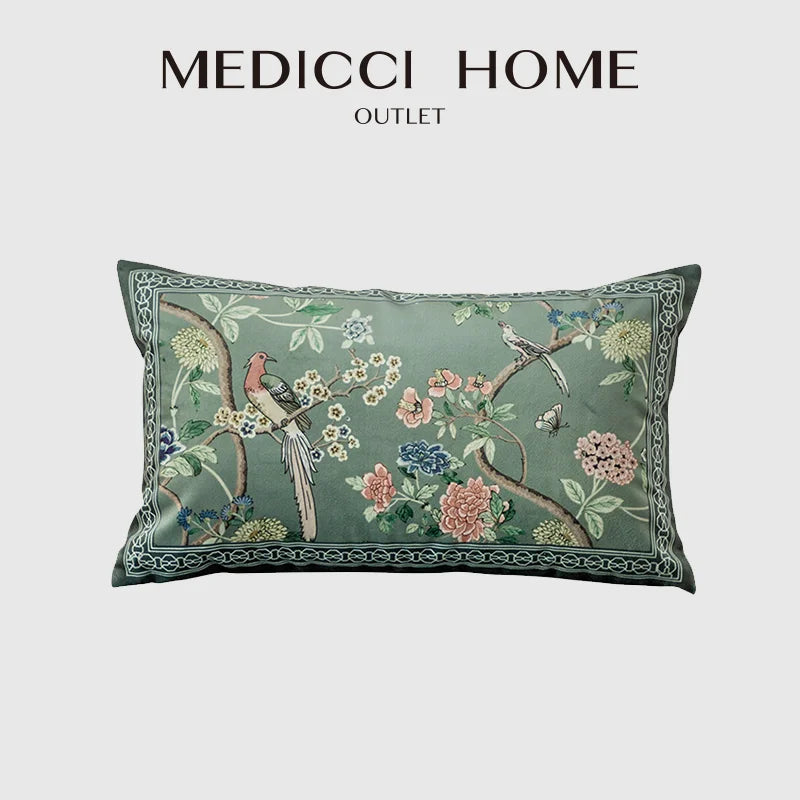 DecorBites™ Chinoiserie Courtyard Bird & Flowers Print Lumbar Pillow Case - Eastern Home Decor