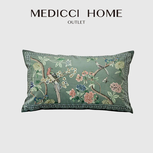 DecorBites™ Chinoiserie Courtyard Bird & Flowers Print Lumbar Pillow Case - Eastern Home Decor