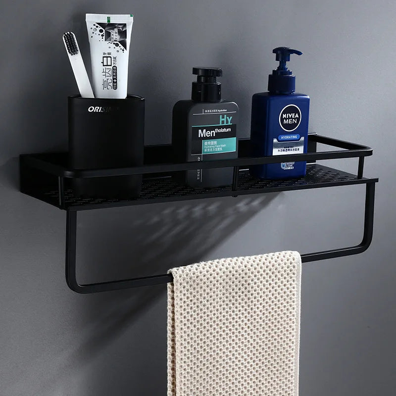 DecorBites™ Black Aluminum Bathroom Shelf with Towel Bar Wall Mounted - Bath Shower Shampoo Holder