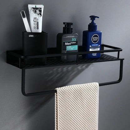 DecorBites™ Black Aluminum Bathroom Shelf with Towel Bar Wall Mounted - Bath Shower Shampoo Holder