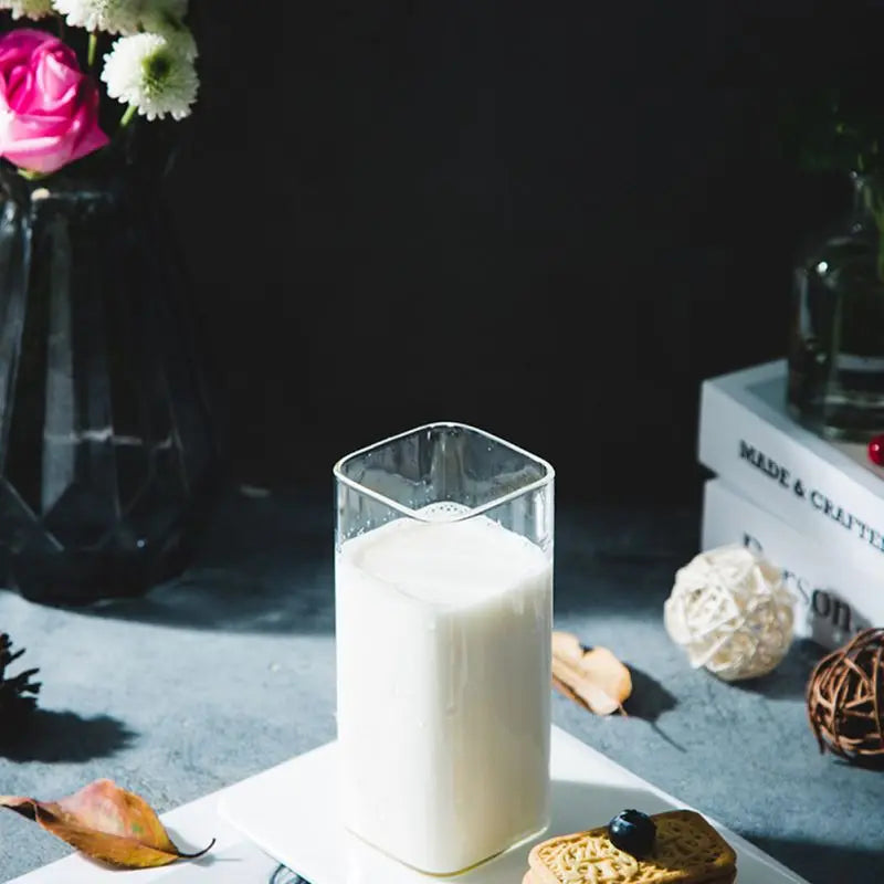 Vaso cuadrado de vidrio transparente DecorBites™ de 370 ml para té, leche o jugo - Vaso resistente a la temperatura