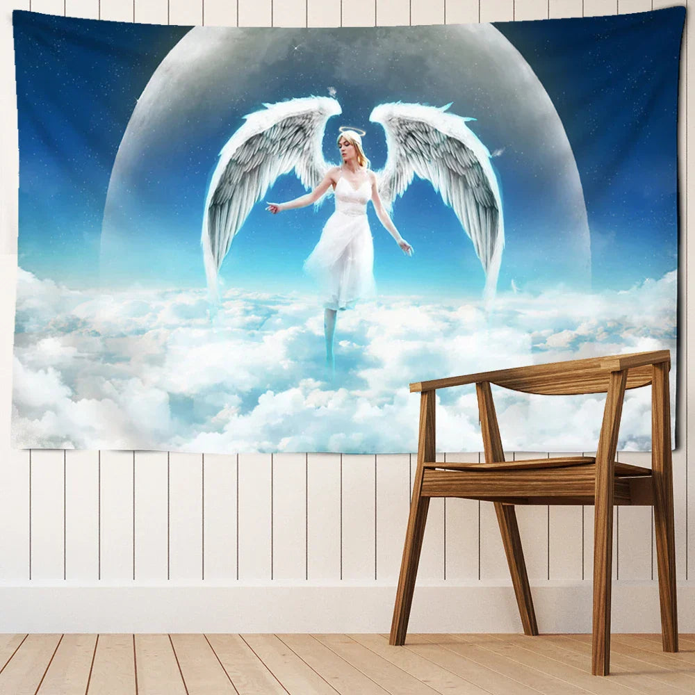 Decobites Angel Tapestry Wall Hanging: Blue Sky White Clouds Halo Bohemian Art Decor