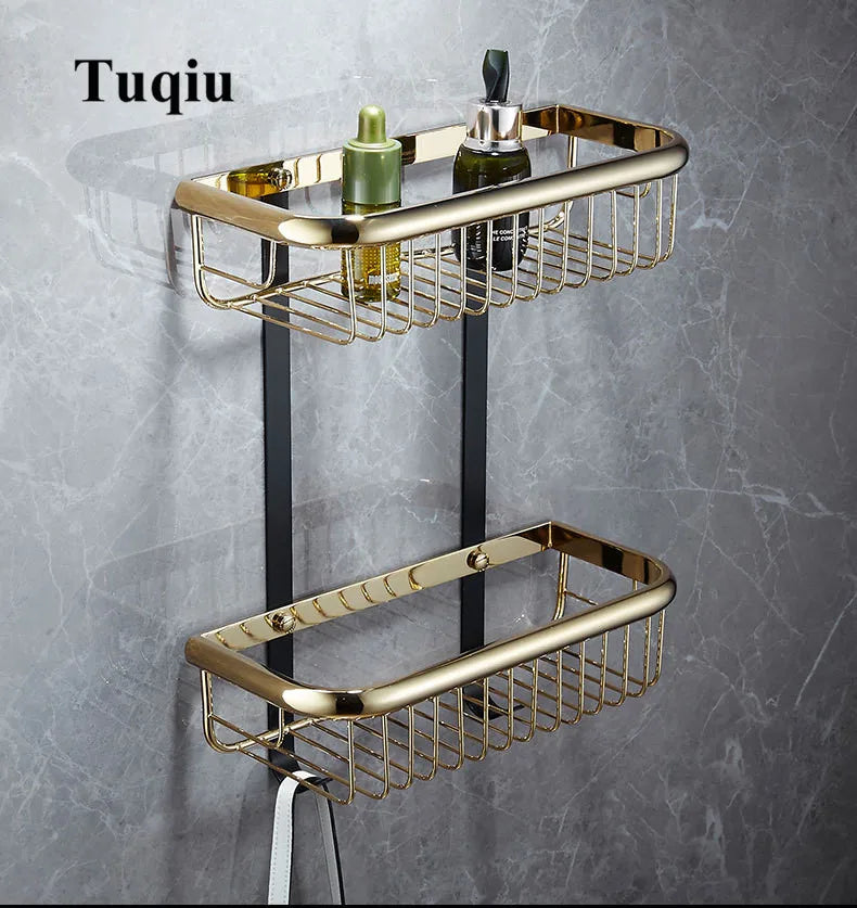 DecorBites™ Gold & Black Corner Shelf: Brass Bathroom Shelves for Stylish Storage