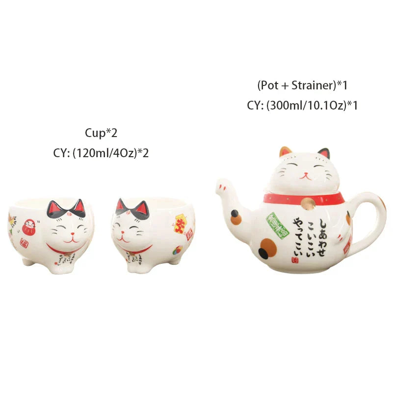 DecorBites™ Lucky Cat Porcelain Tea Set: Maneki Neko Tea Cup Pot, Strainer, Plutus Cat Teapot Mug