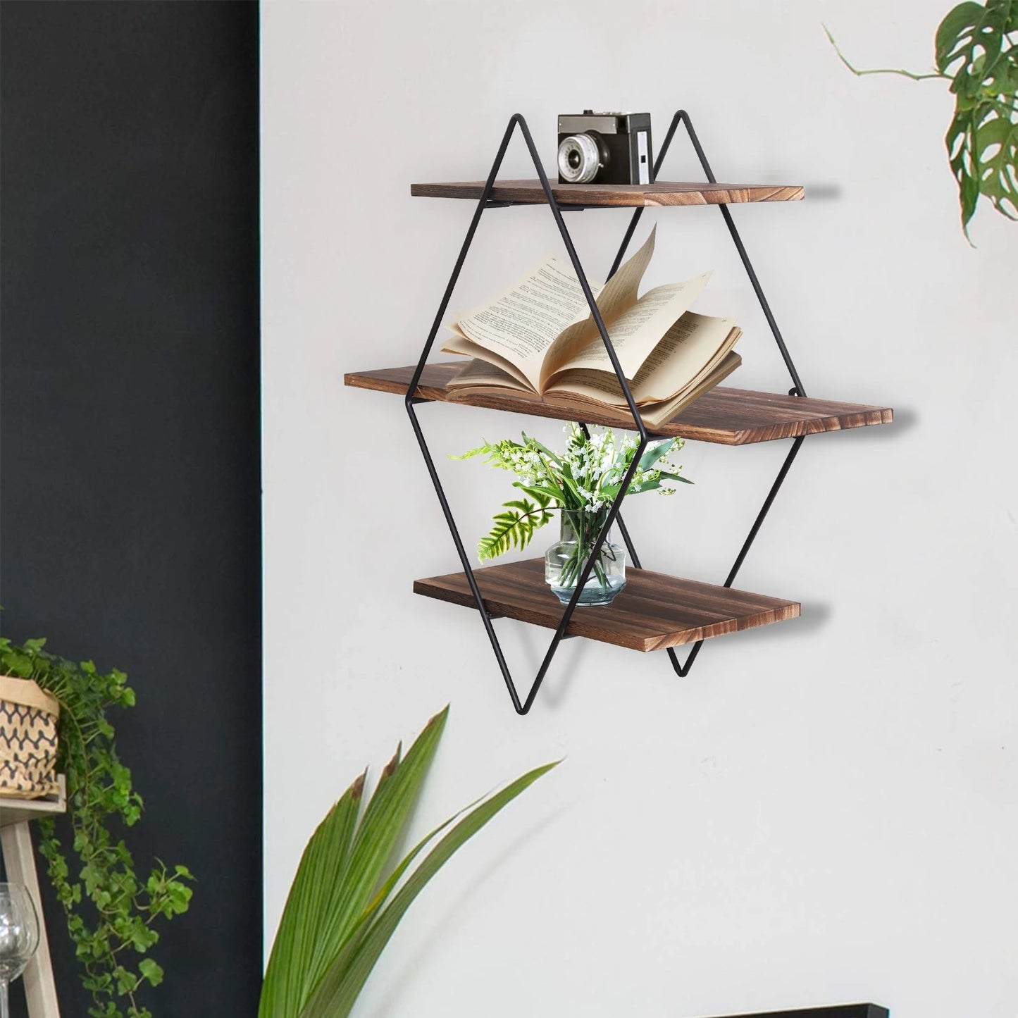 Industrial Wood Floating Shelf, 3 Tier