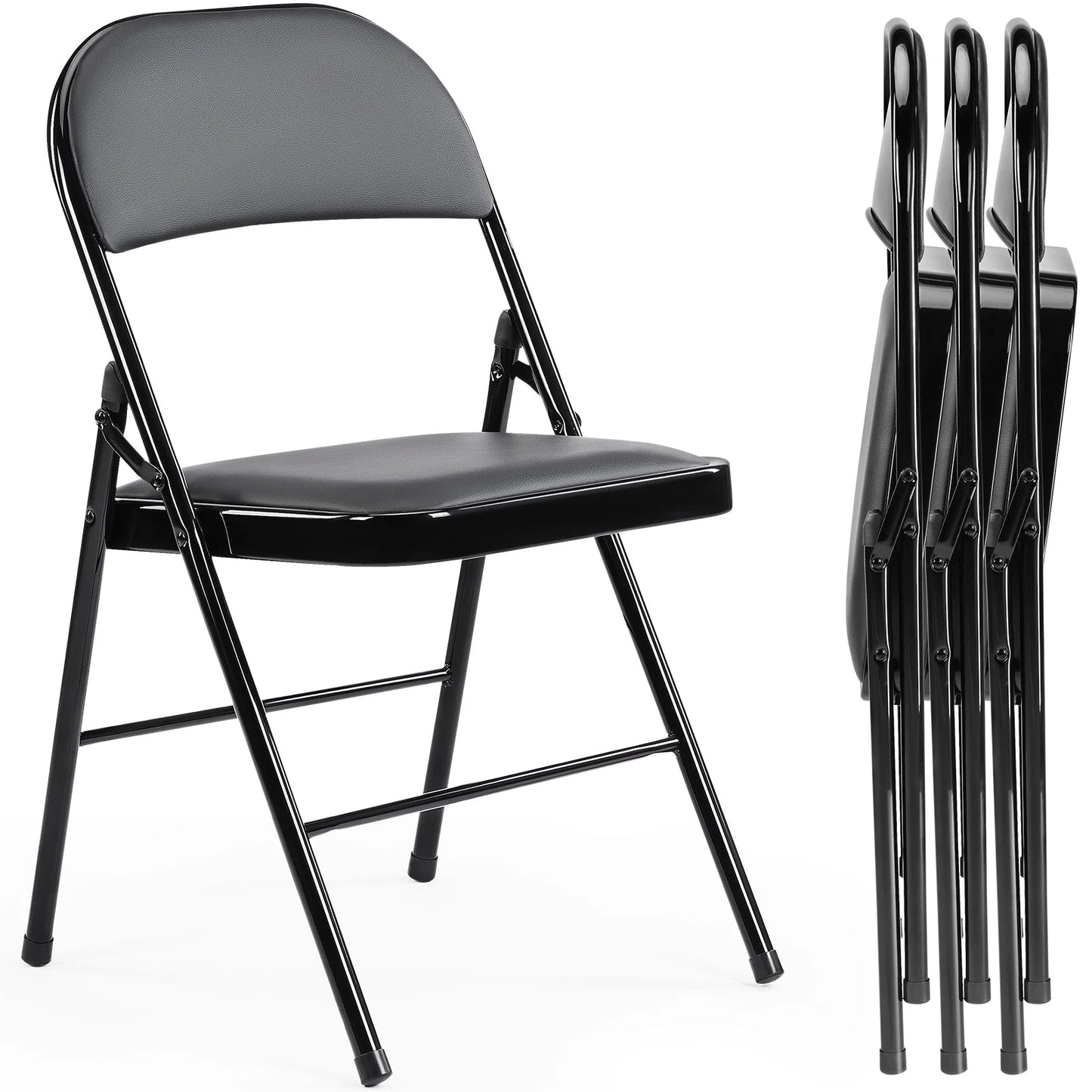 JHK Black Leather Folding Chairs 4-Pack