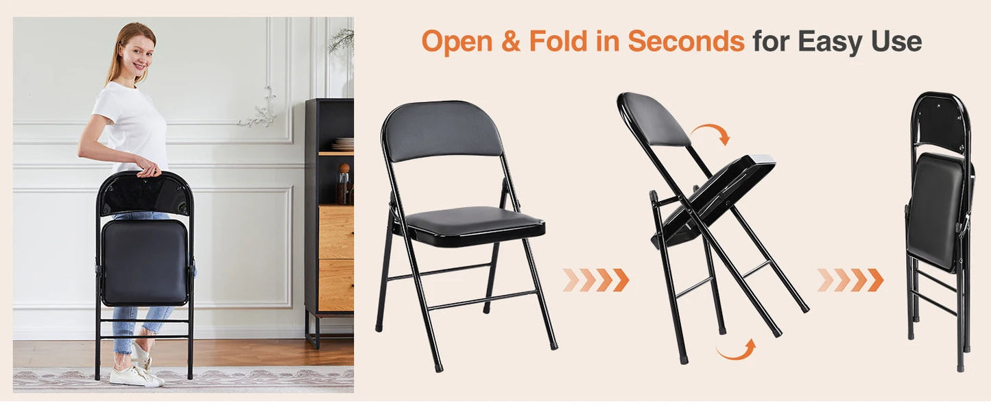 JHK Black Leather Folding Chairs 4-Pack