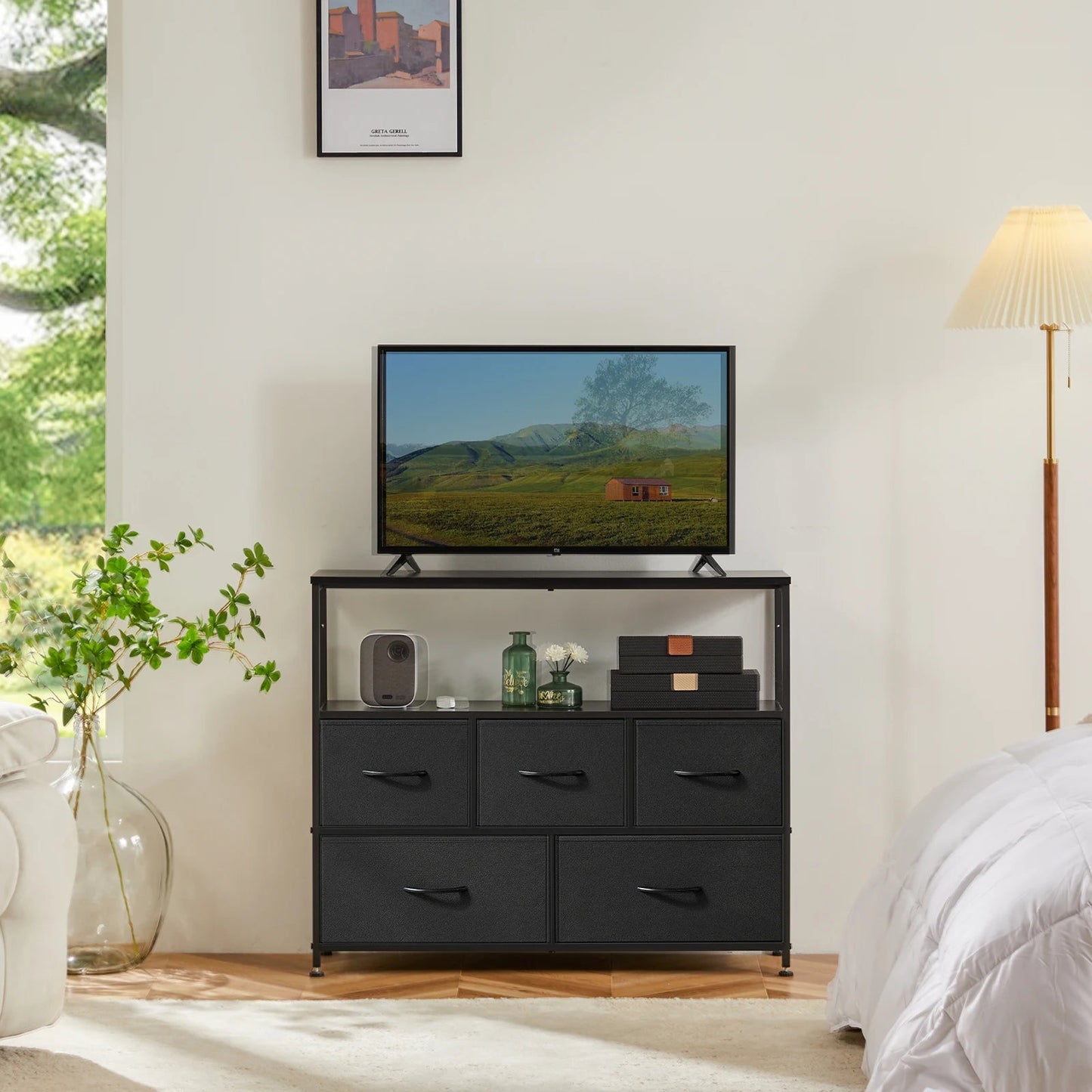 JHK Modern 5-Drawer Fabric TV Stand with Versatile Design