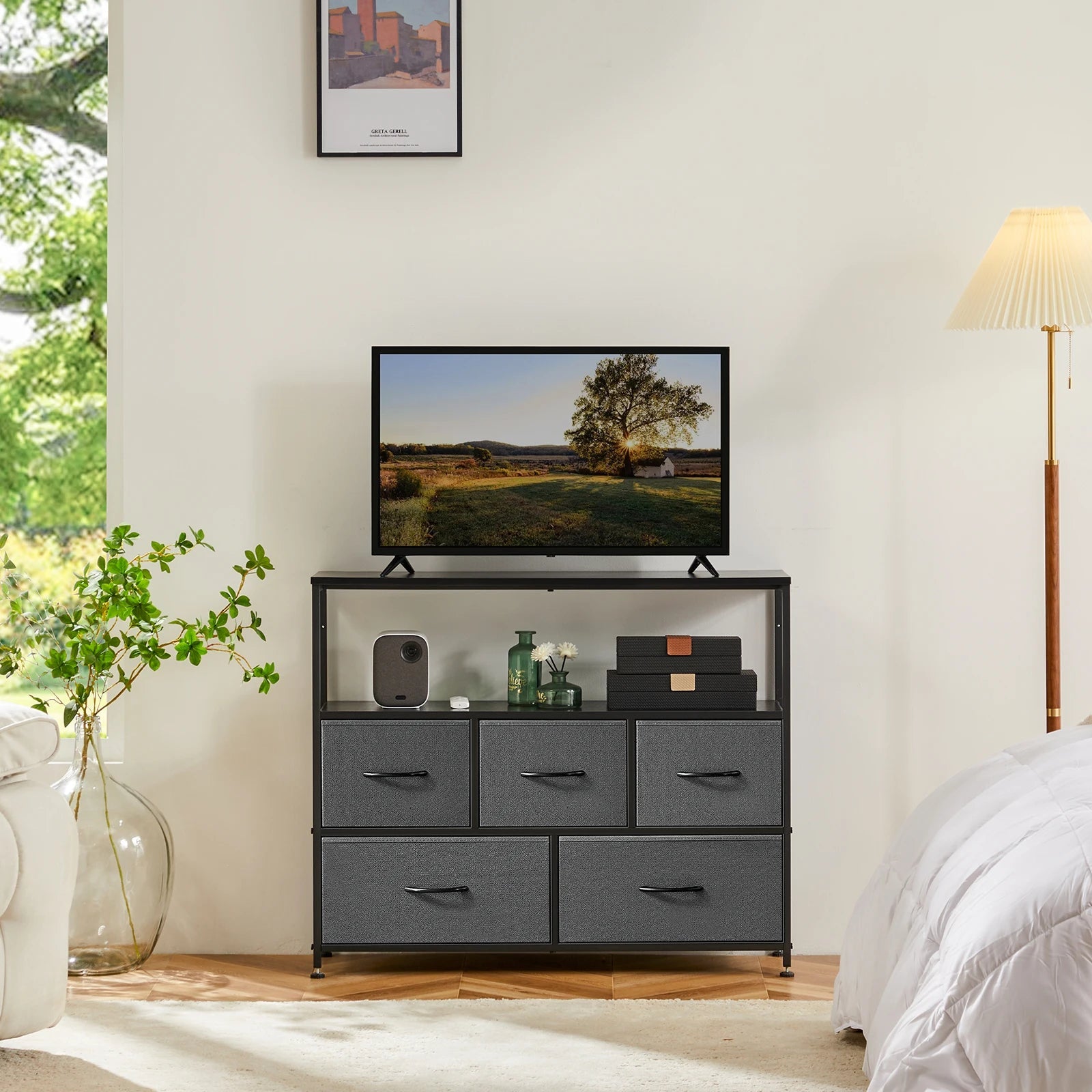 JHK Modern 5-Drawer Fabric TV Stand with Versatile Design