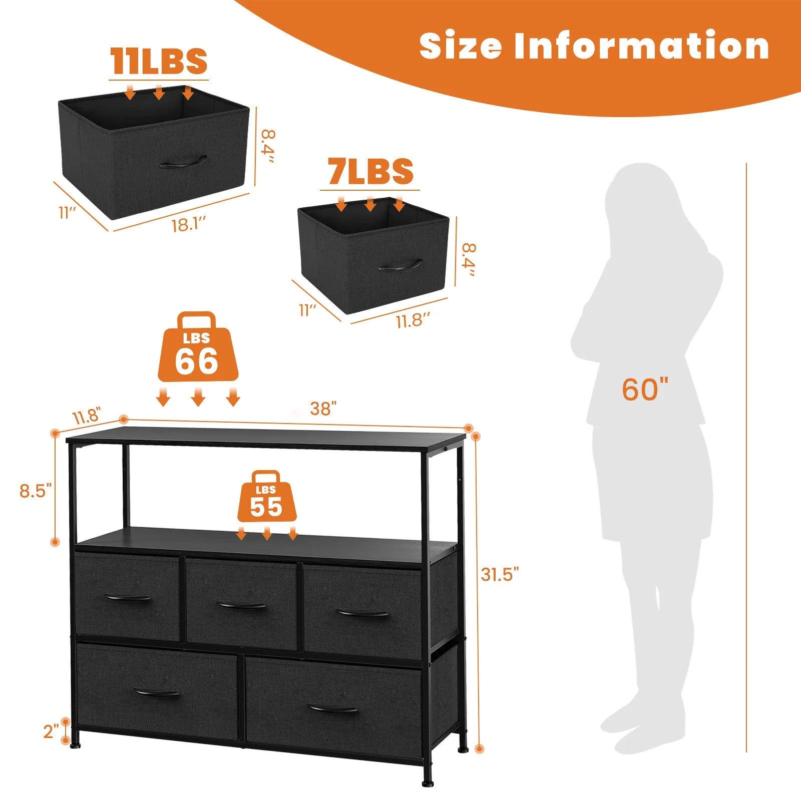 JHK Versatile 5-Drawer Fabric Shoe Cabinet