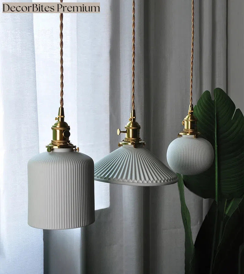 Japanese Ceramic Pendant Light with Polished Copper Finish