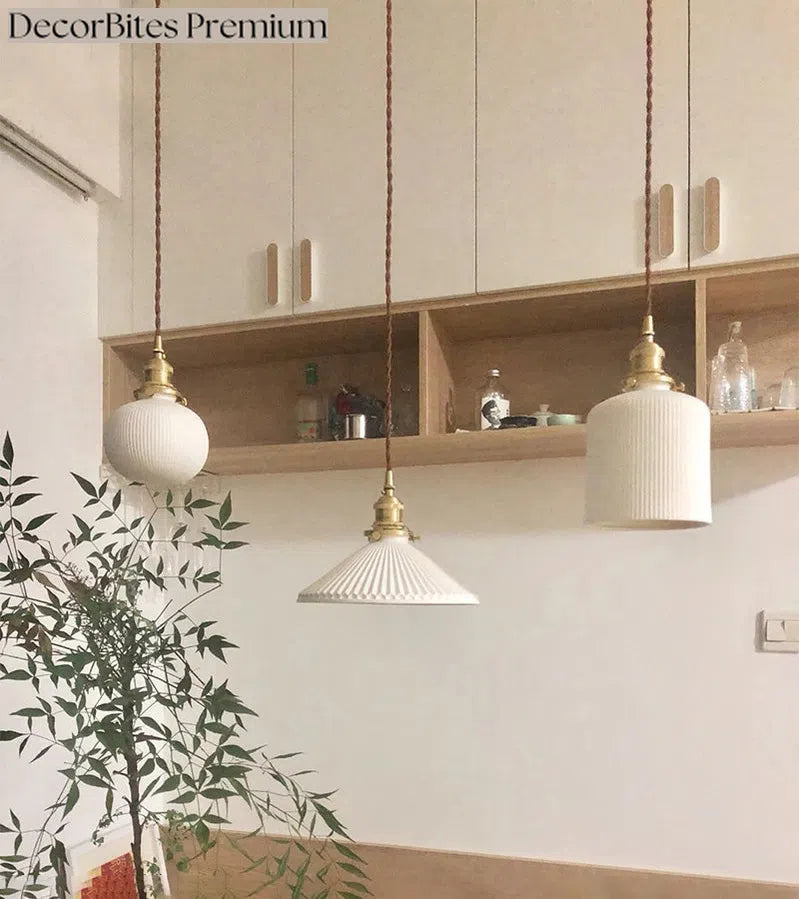 Japanese Ceramic Pendant Light with Polished Copper Finish