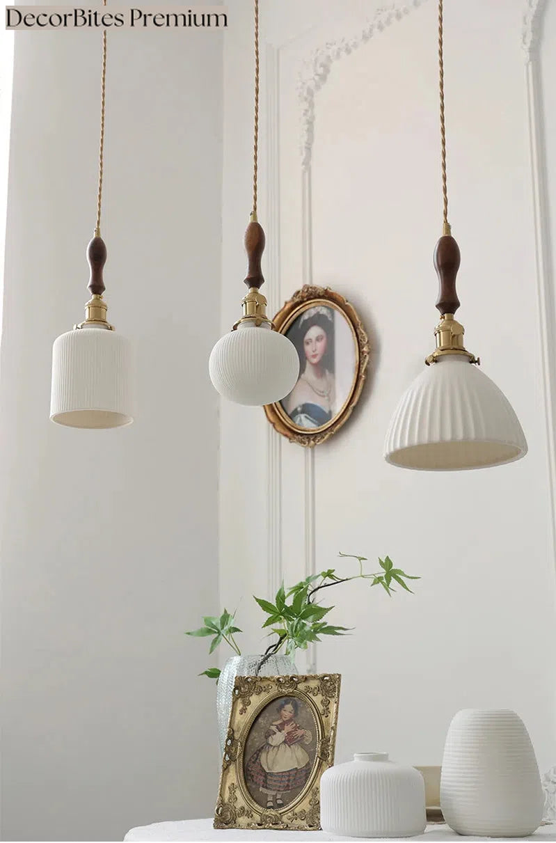 Japanese Ceramic Pendant Light with Polished Copper Finish