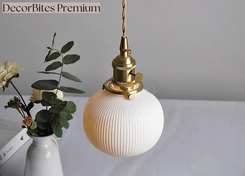 Japanese Ceramic Pendant Light with Polished Copper Finish