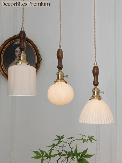 Japanese Ceramic Pendant Light with Polished Copper Finish