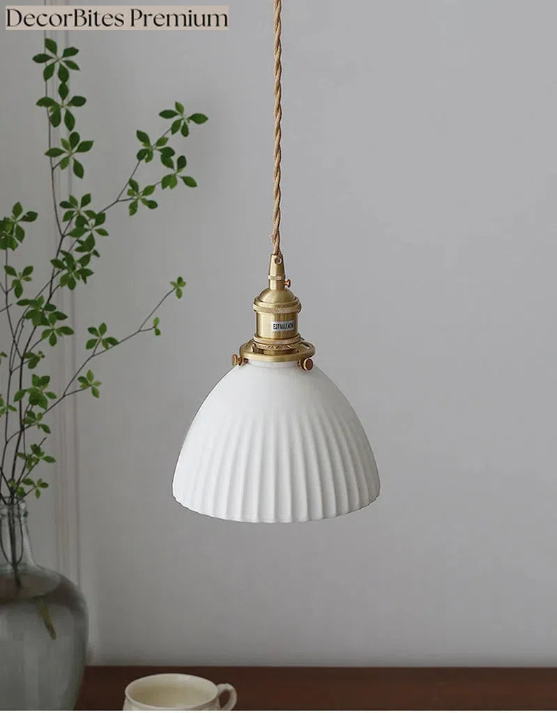 Japanese Ceramic Pendant Light with Polished Copper Finish