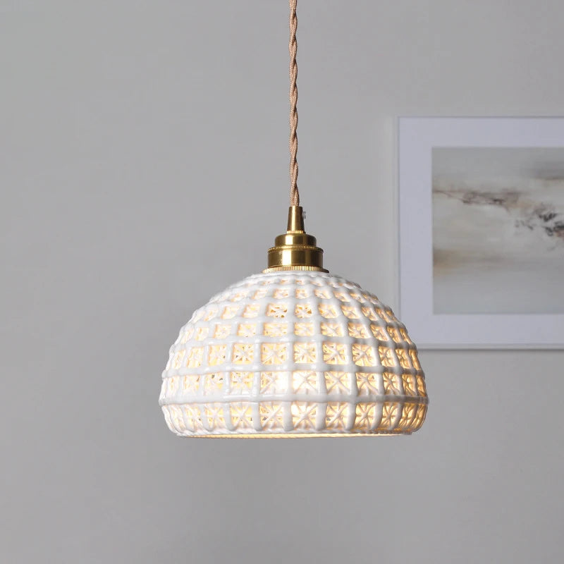 Japanese Ceramic Pendant Light with Polished Copper Finish