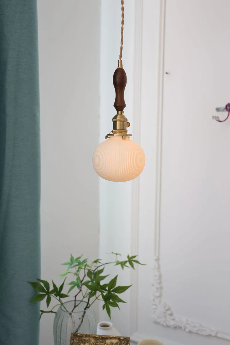 Japanese Ceramic Pendant Light with Polished Copper Finish