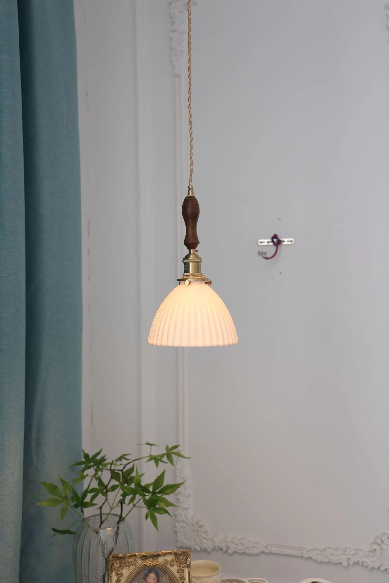 Japanese Ceramic Pendant Light with Polished Copper Finish