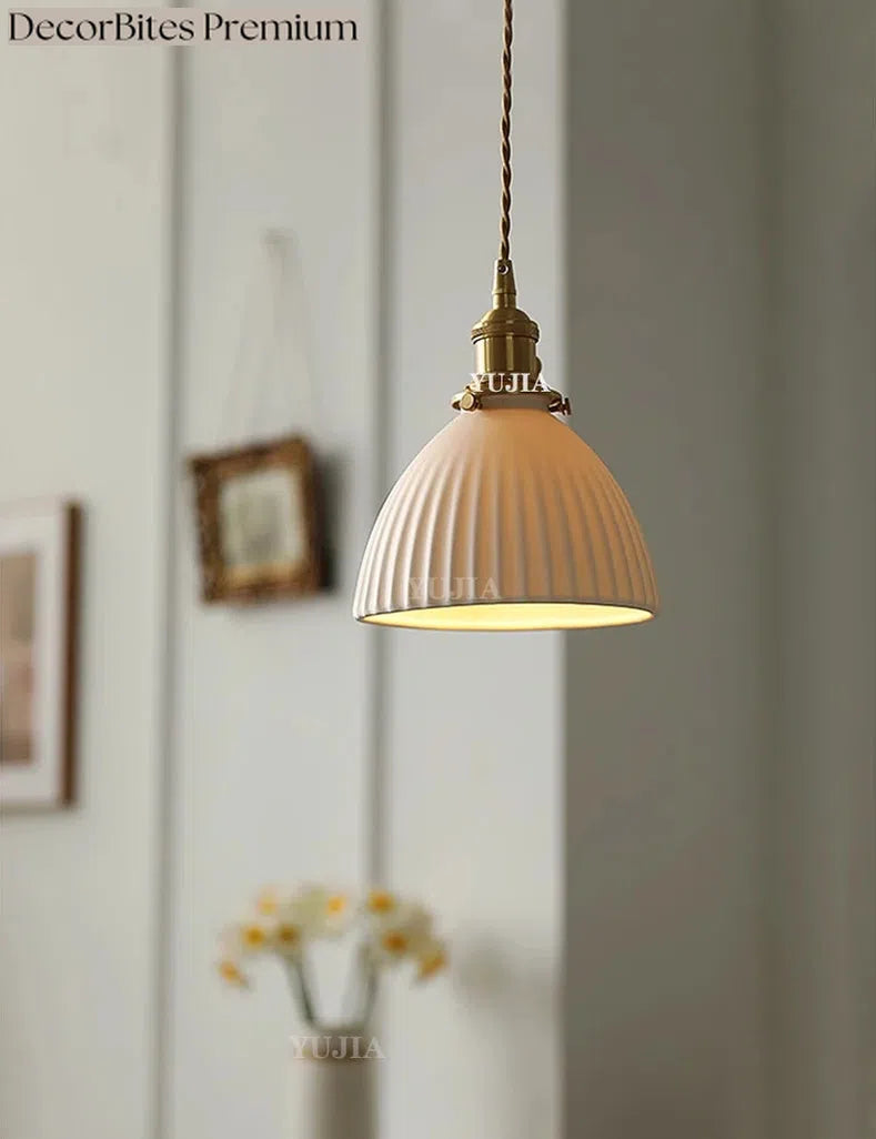 Japanese Ceramic Pendant Light with Polished Copper Finish