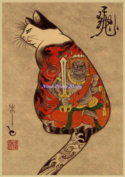 Japanese Samurai Cat Wall Art