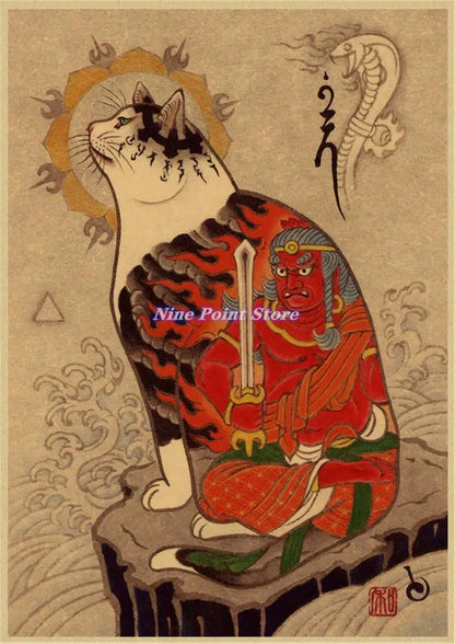 Japanese Samurai Cat Wall Art