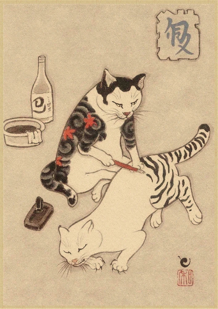 Japanese Samurai Cat Wall Art