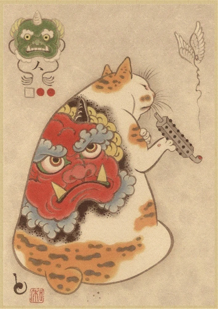 Japanese Samurai Cat Wall Art