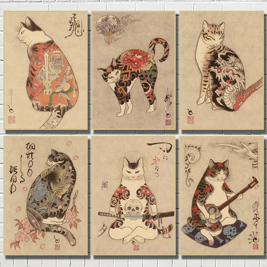 Japanese Samurai Cat Wall Art