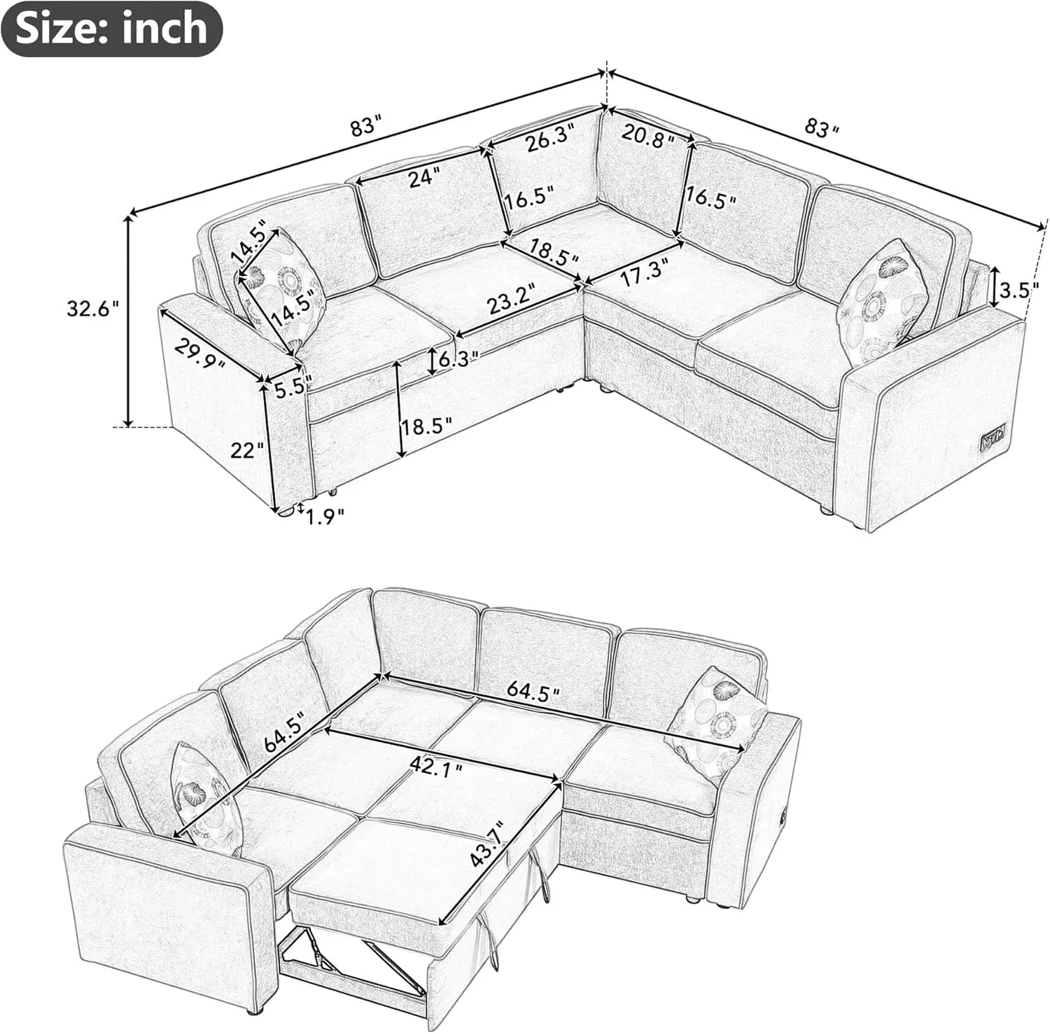 L-Shaped Convertible Sofa Bed with USB