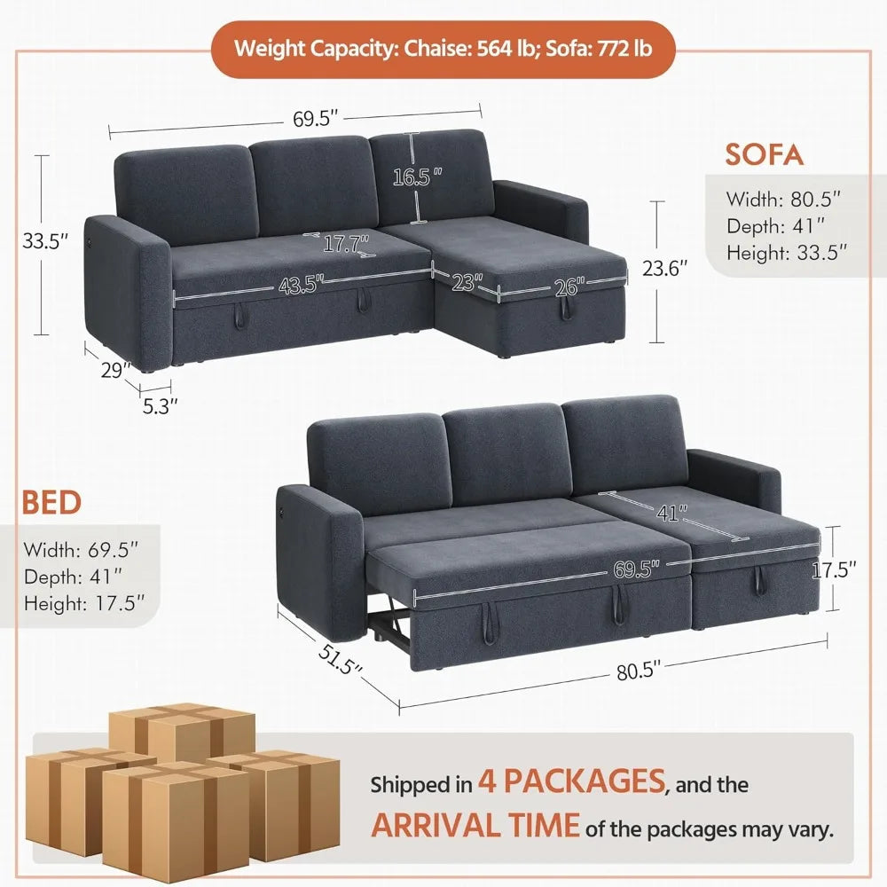 L-Shaped Convertible Sofa Bed with USB