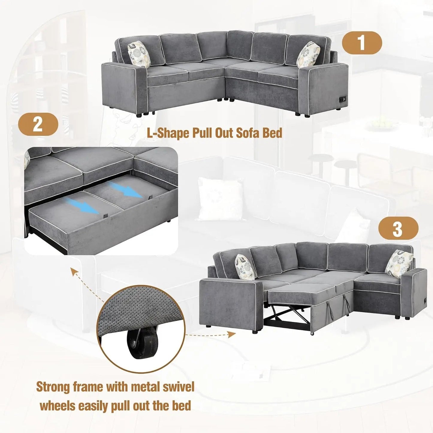 L-Shaped Convertible Sofa Bed with USB