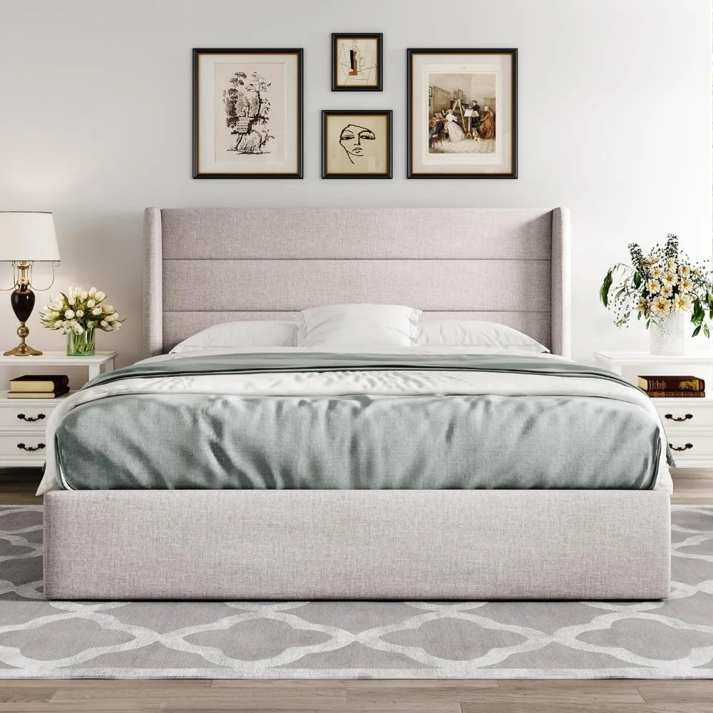 Light Beige Hydraulic Storage Bed